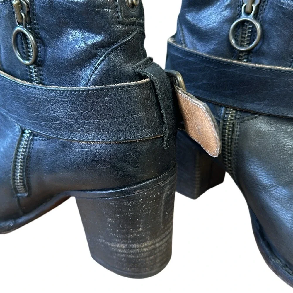 Fiorentini + Baker Black Leather Moto Ankle Boot Buckle Strap Block Heel Italy 6